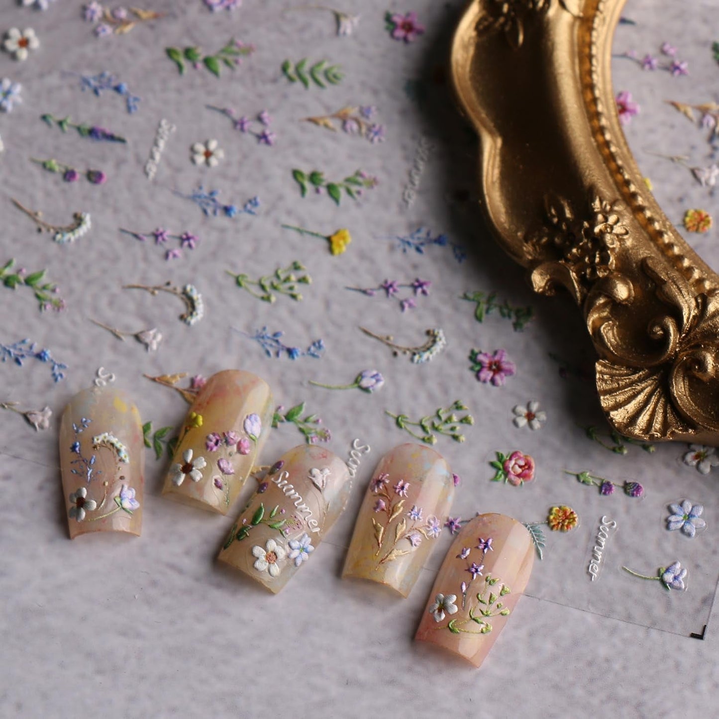 JMEOWIO 3D Nagelsticker Blume Frühling Sommer Floral Nail Art Sticker Selbstklebend Nagelaufkleber 5D Stereoskopisk Dekoration Nageldesign Zubehör 1 Blatt