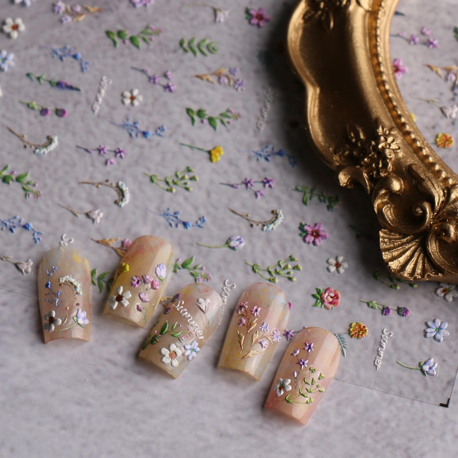 JMEOWIO 3D Nagelsticker Blume Frühling Sommer Floral Nail Art Sticker Selbstklebend Nagelaufkleber 5D Stereoskopisk Dekoration Nageldesign Zubehör 1 Blatt
