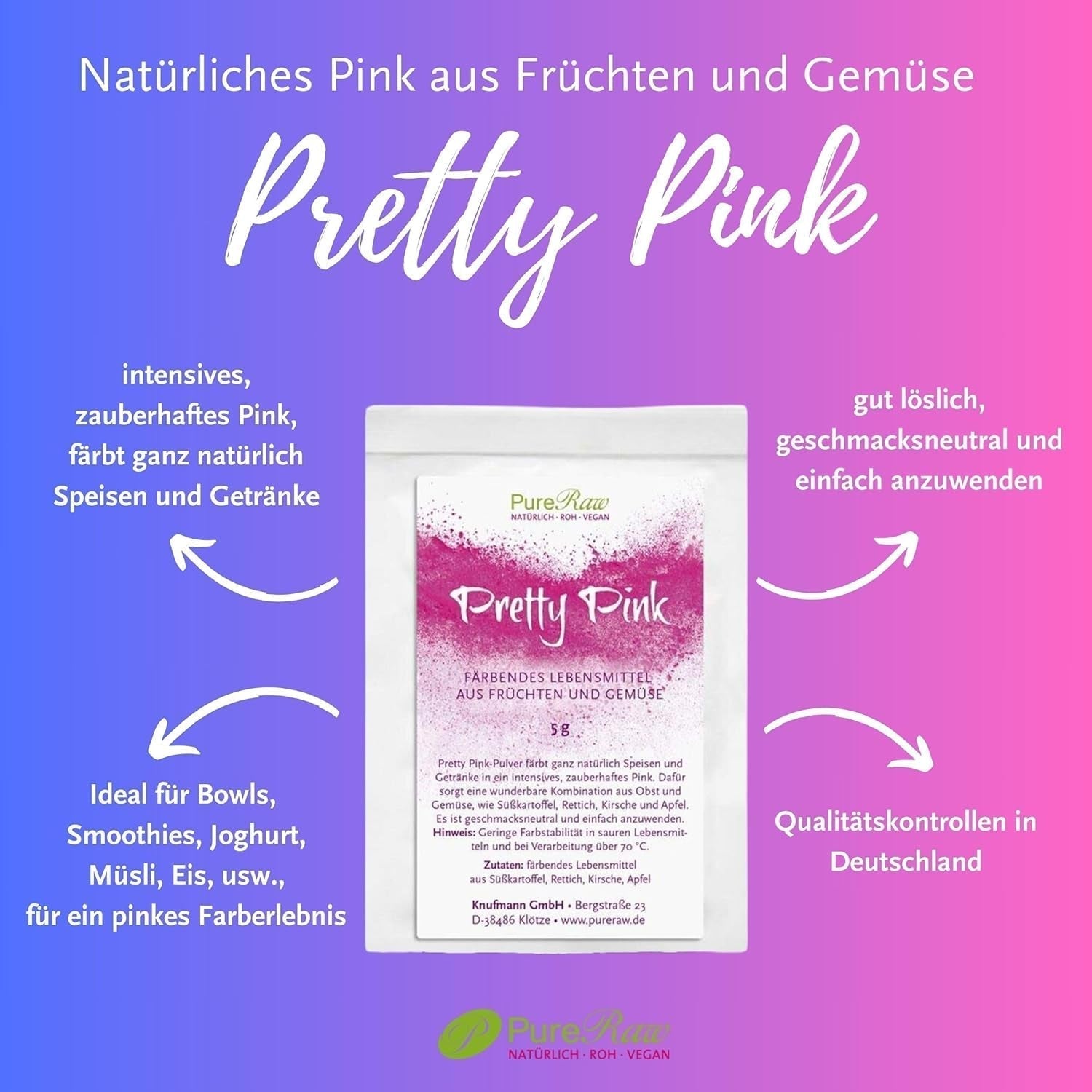 Pretty Pink Natürliche Lebensmittelfarbe Pulver Rosa (Roh Vegan) Pastellrosa Bis Intensiv Rosa-Rot - Essbare Farbe Für Lebensmittel Aus Früchten Und Gemüse - Naturlig matfärgning | Pureraw 5G Naty Shop