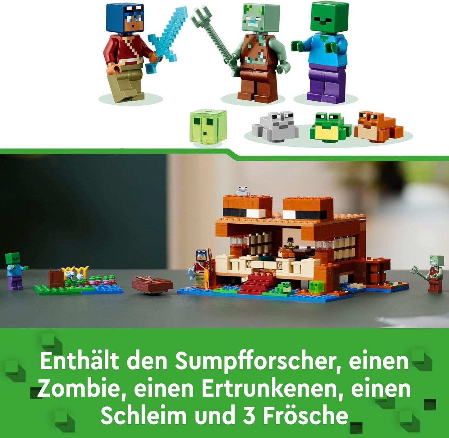 LEGO Minecraft The Frog House, leksakshus med figurer inklusive zombie, slem och drunknande man, plus tillbehör som leksaksbåt och arbetsbänk, present till pojkar och flickor från 8 år 21256 Byggset Besuche den LEGO-Store