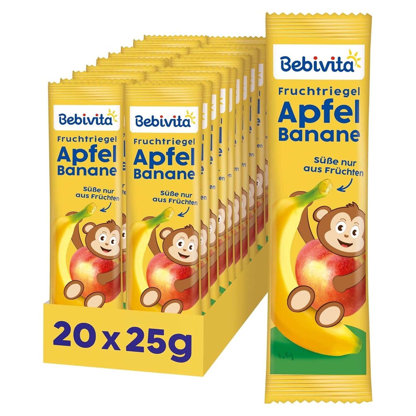 Äppel- och bananbars (20 x 25g), endast sötad med frukt, perfekt mellanmål mellan måltiderna, tillagade av strikt kontrollerade och utvalda ingredienser.