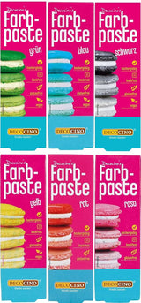 Set med 6 Decocino färgpastor - 6 x 20 g - Livsmedelsfärg i rött, rosa, grönt, gult, blått och svart, perfekt för att färga tårtor, fondant och krämer - Azofri och glutenfri