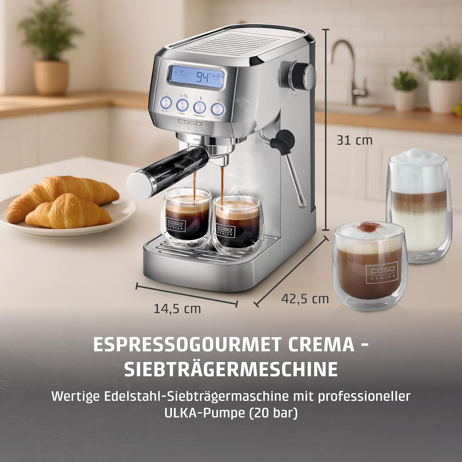 CASO EspressoGourmet Crema - Portafilter espressomaskin med mjölkskummare, espresso, cappuccino, rostfritt stål portafilter, ULKA 20 bar pump, kaffemaskin, malet kaffe, ESE kapslar