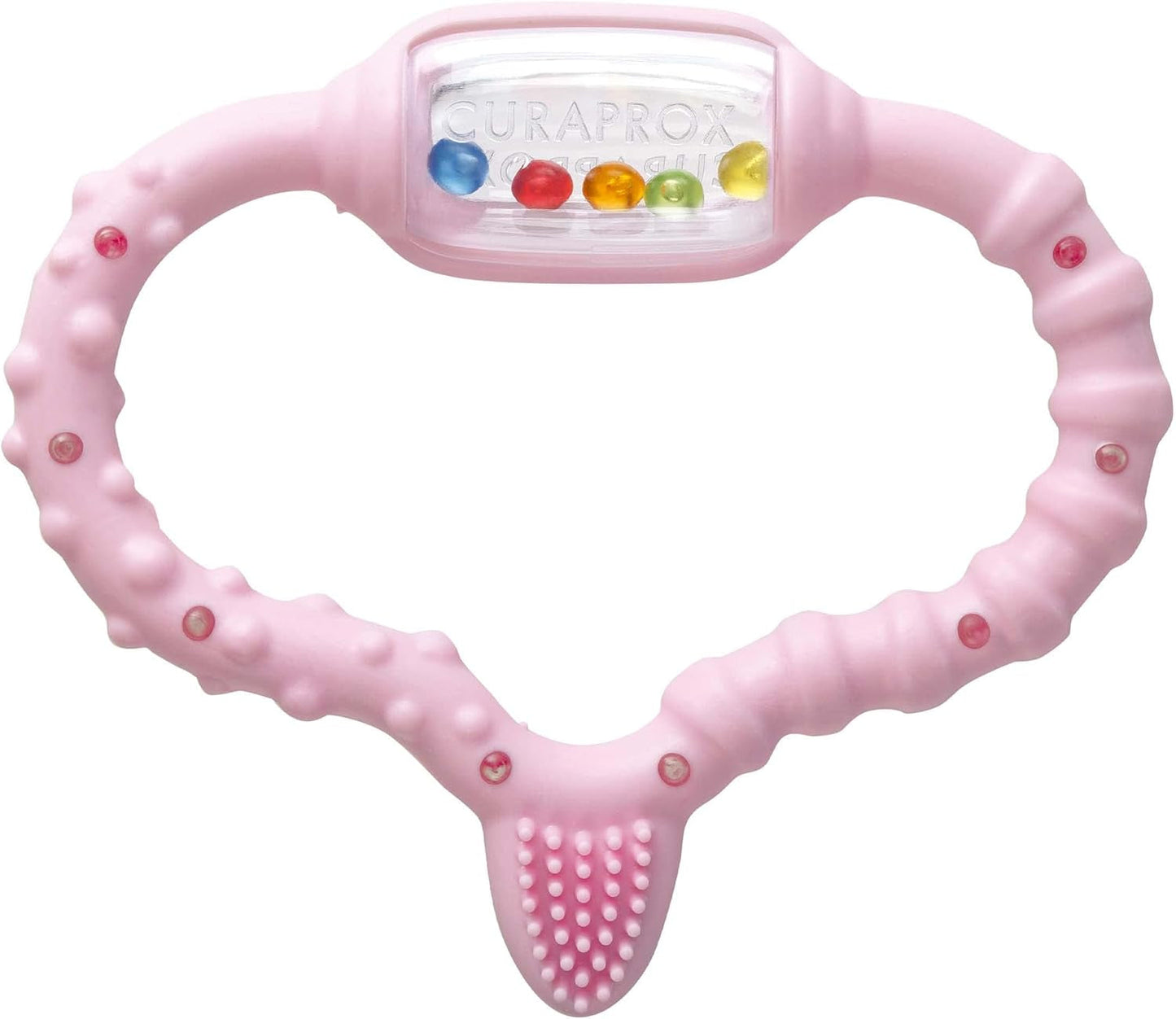 Curaprox babyring för tänder - För småbarn 0-24 månader / Lindrar tandvärk och främjar motoriska färdigheter | BPA-fri, rosa, med tränings-tandborste / Tillverkad i Schweiz