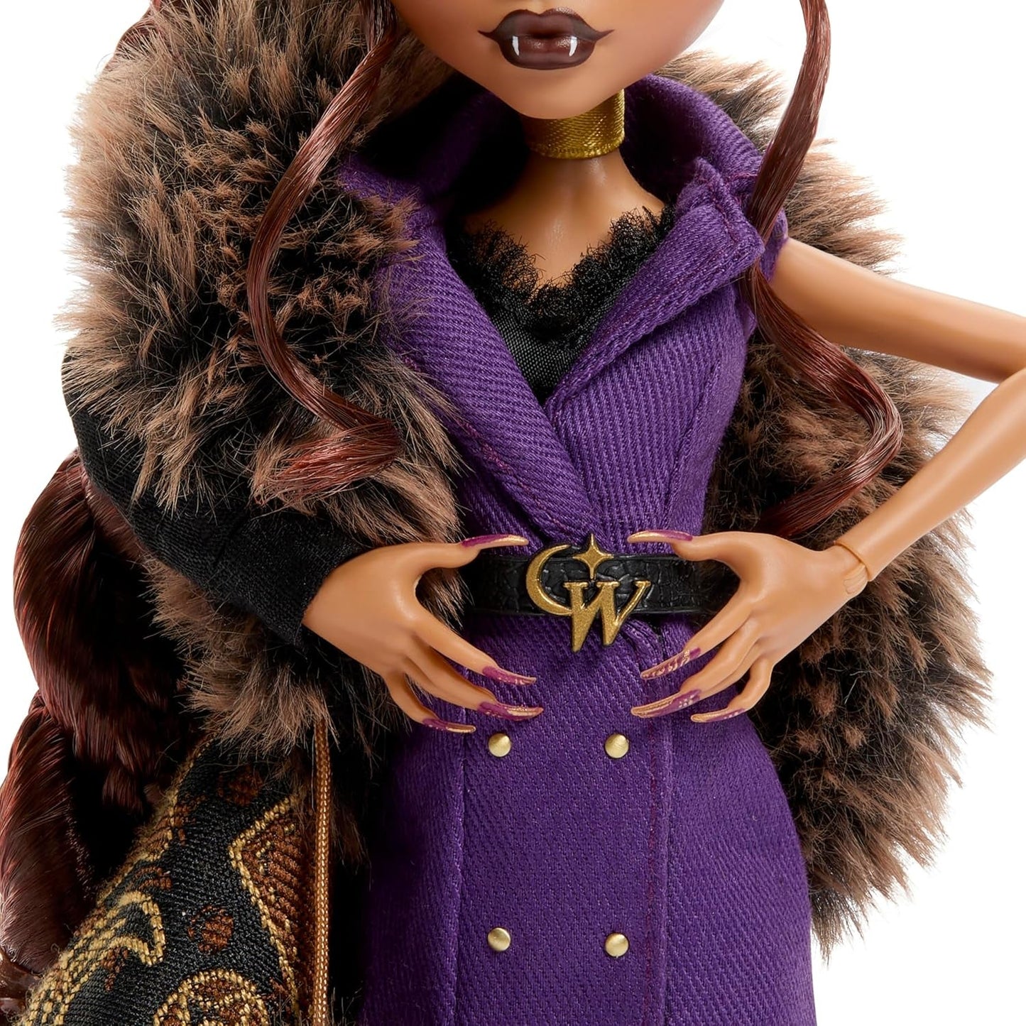 Monster High Doll House of Wolves Clawdeen Wolf Samlarfigur med fuskpäls jacquardrock Lila jacka Klänning Guld Byxor och tillbehör JDR66