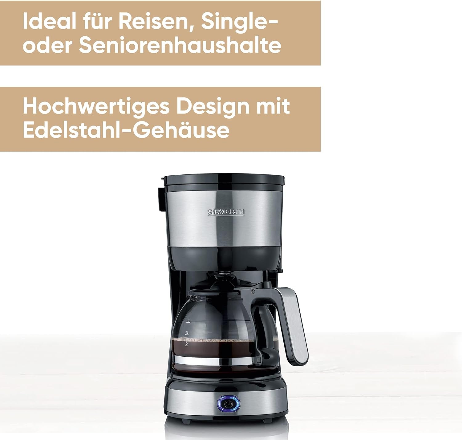 SEVERIN kompakt espressomaskin, aromatiskt kaffe med kaffemaskin för upp till 4 koppar, espressomaskin med filter och permanent oscillerande filter, rostfritt stål/svart, KA 4808