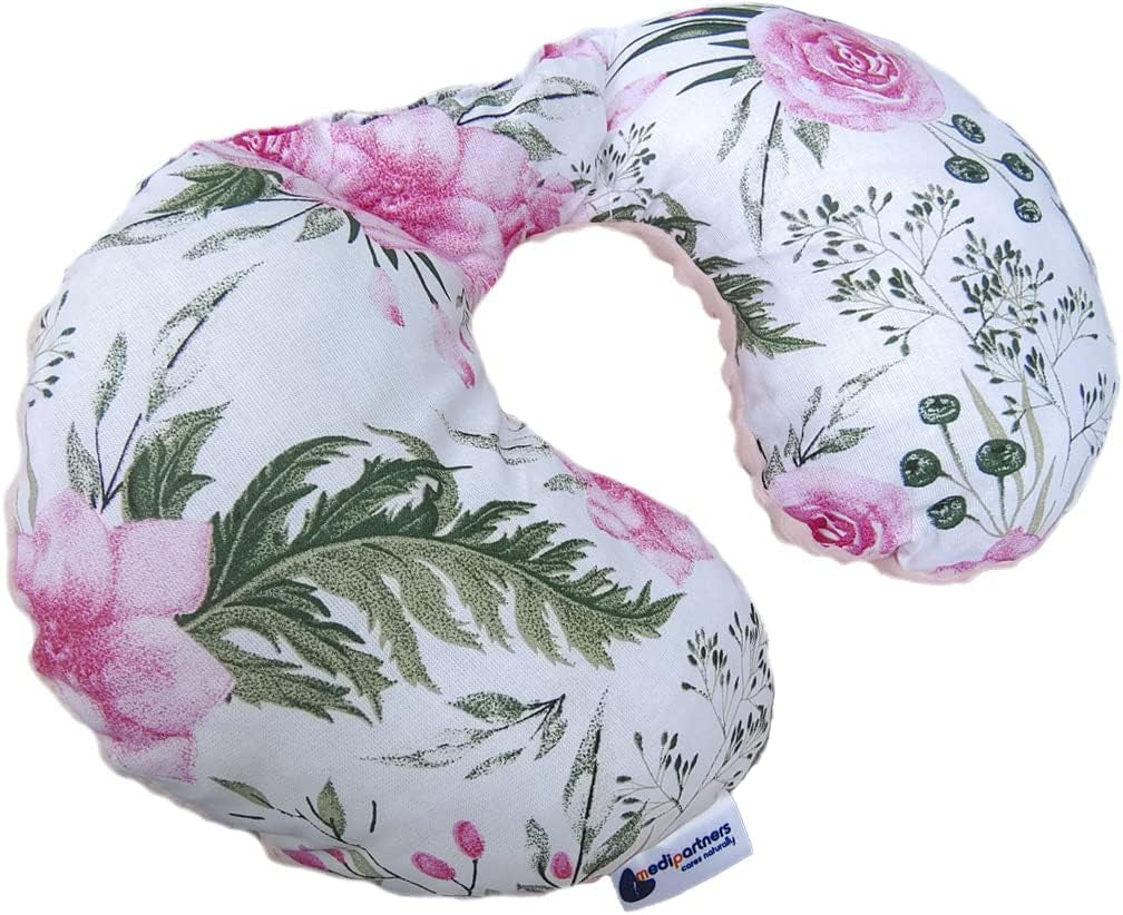 Medi Partners Baby Nackkudde Nackstöd 100 % Bomull / Minky Baby Nackkudde för bilvagn Resor Sömn Nackkudde Snooze Roll (REH med Grå Minky) Cervikala ortopediska kuddar Naty Shop Blomma med ljusrosa Minky