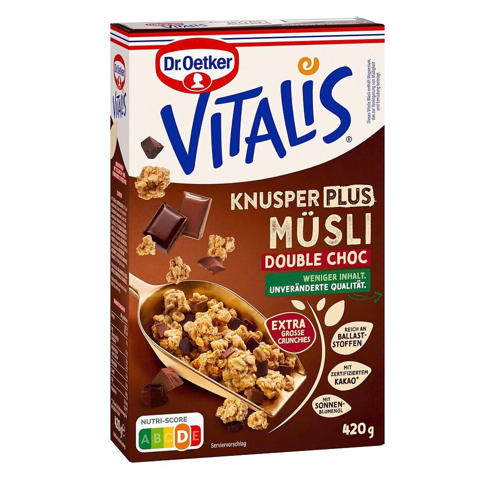 Dr. Oetker Vitalis KnusperPlus Double Chocolate: Krispig müsli med mjölk och mörk choklad, förpackning om 7 (7 x 450g)
