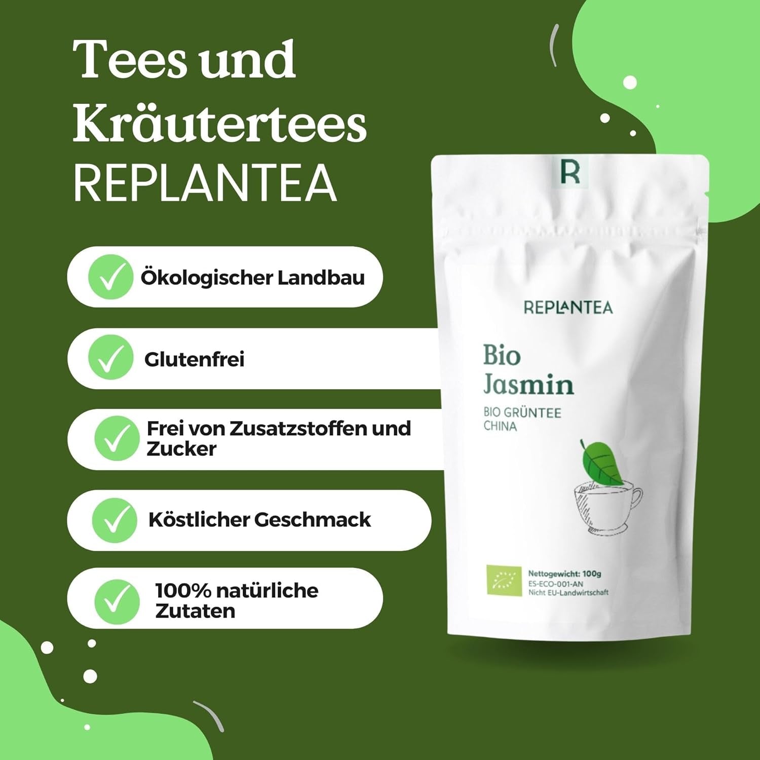 Ekologiskt grönt te med jasmin 100 g (50 koppar) | Jasminte från Kina i bulk, organisk kvalitet REPLANTEA