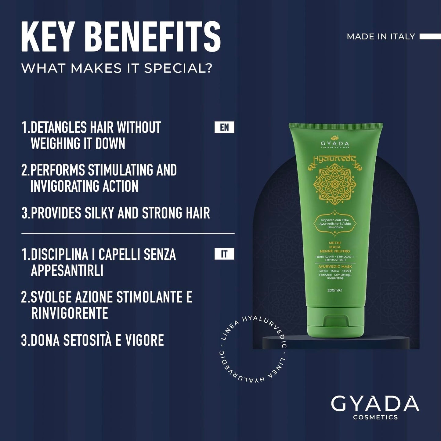 GYADA COSMETICS, hyalurvedisk stärkande ayurvedisk kompress, professionell behandling för fint och svagt hår, antifrizz med methi, maca, neutral henna, 200 ml Naty Shop hårmask