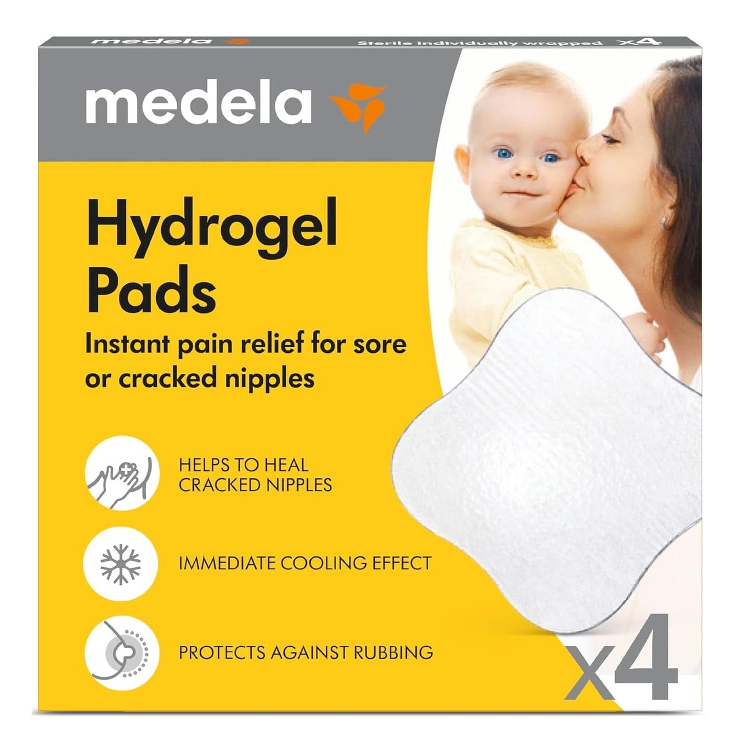 Medela Hydrogel Pads - omedelbar lindring och kylning för ömma bröstvårtor - återanvändbar - förpackning med 4 sterila kuddar, individuellt förpackade Tillbehör Mat och amning Bebe Naty Shop