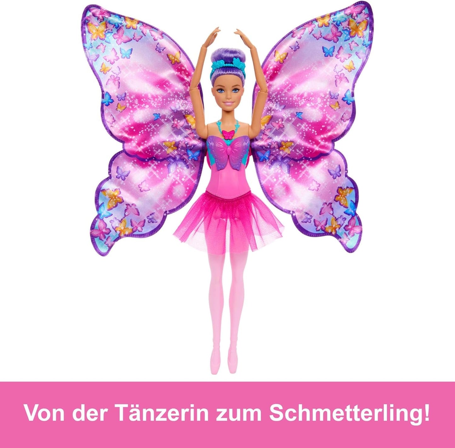 Barbie Dancer and Butterfly 2-i-1 förvandlar dansare till fjäril med öppningsbara vingar, lila hår, håraccessoarer och avtagbar tutu, HXJ10