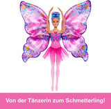 Barbie Dancer and Butterfly 2-i-1 förvandlar dansare till fjäril med öppningsbara vingar, lila hår, håraccessoarer och avtagbar tutu, HXJ10