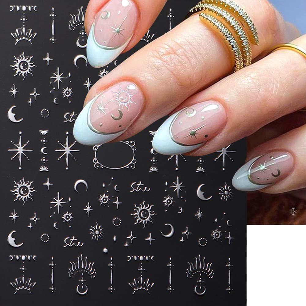 3D silvermetalliska nagelklistermärken, nagelklistermärken för kvinnor, stjärna, måne, sol, nagelfolie, självhäftande klistermärken, fjärilsnagelklistermärken, nagelklistermärken, nageldesigntillbehör, 8 st