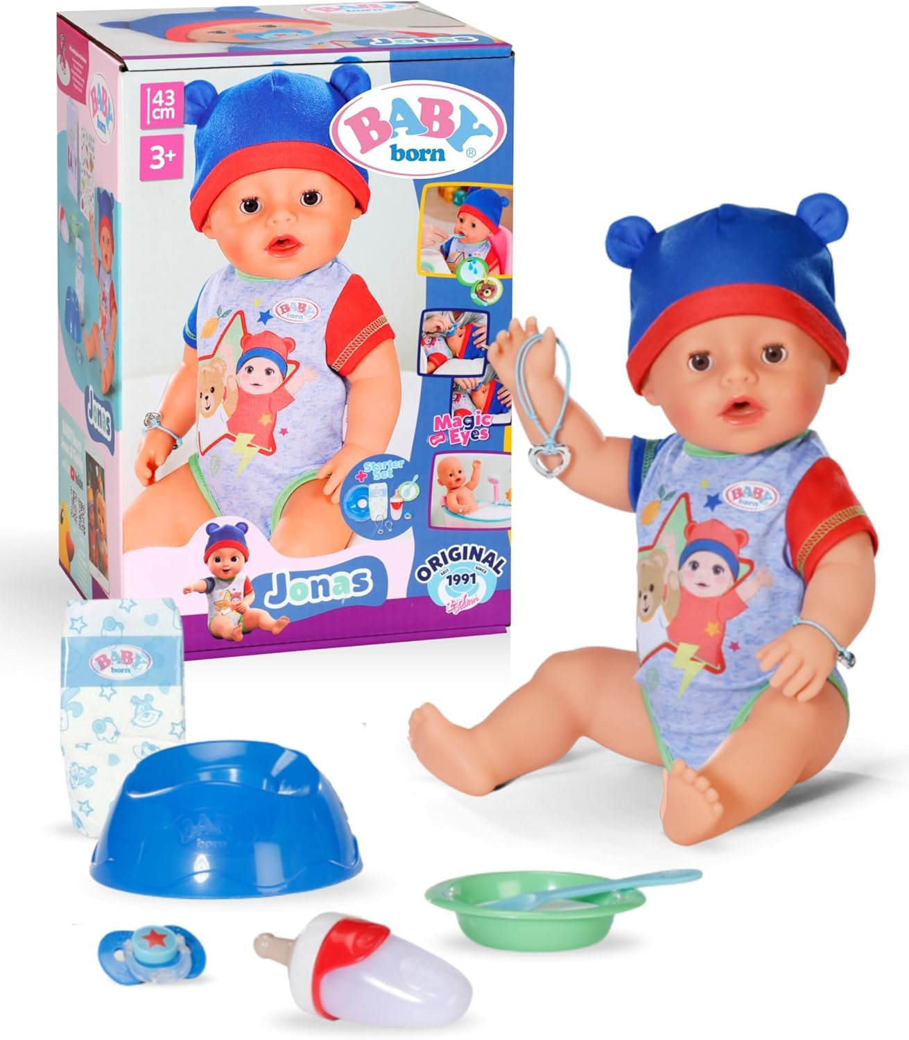 BABY Born Jonas - babydocka 43 cm - 10 funktioner inklusive tillbehör och madrass - Fungerar helt utan batterier - Lämplig för barn från 3 år och uppåt