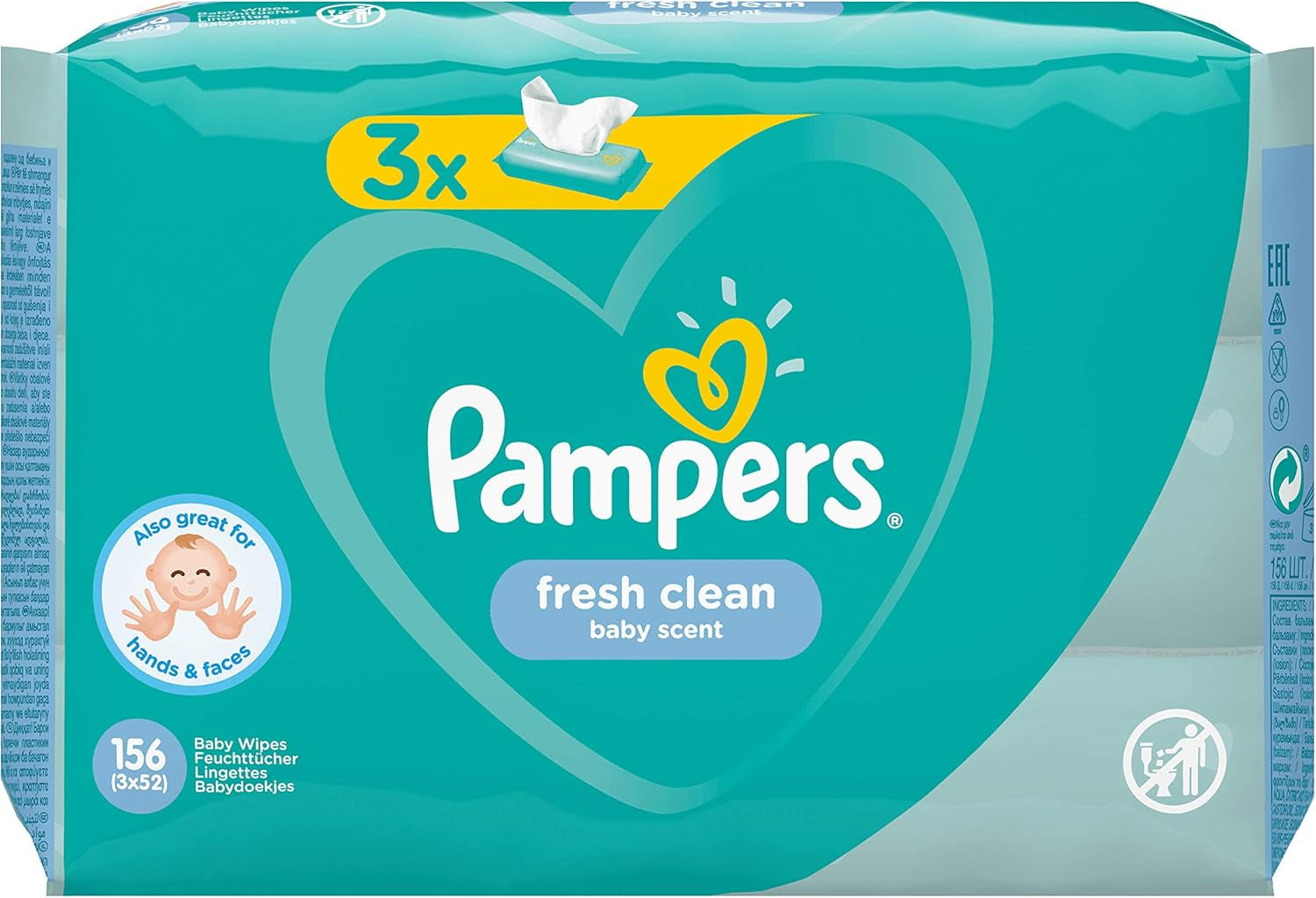 Pampers Fresh Clean Baby Wipes 81688041, 3x52 delar, (babyservetter, plastpåse, flicka/pojke, turkos, vit, Tyskland, 896,7 g)