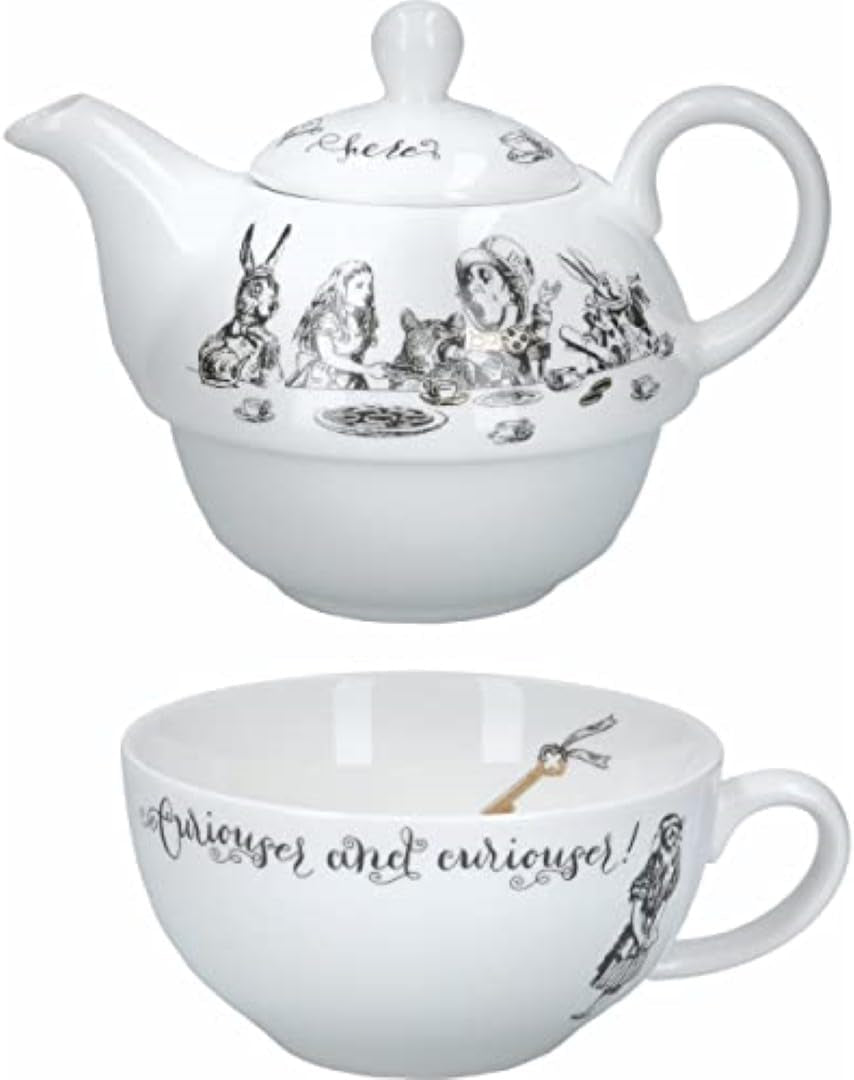 Alice in Wonderland tekanna och kopparset för 1 person i presentförpackning, fin porslin teservs, vit, 250ml
