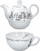 Alice in Wonderland tekanna och kopparset för 1 person i presentförpackning, fin porslin teservs, vit, 250ml