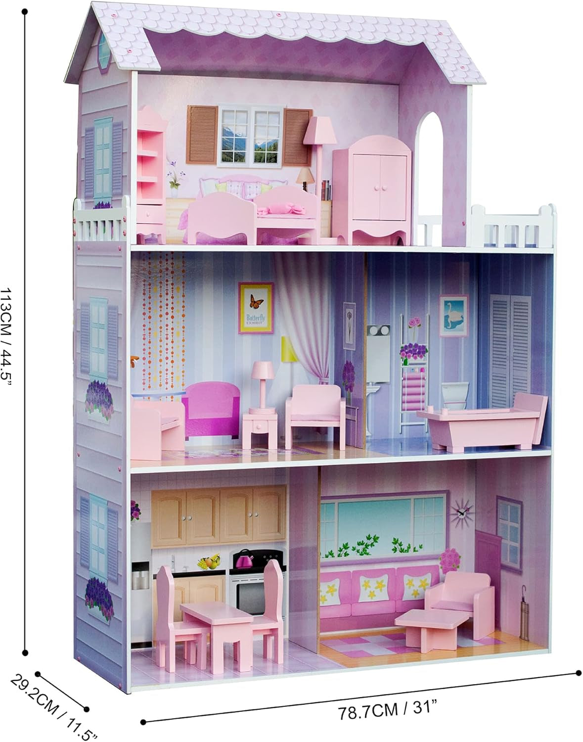 Olivia's Small World Giant Dollhouse, Stort trädockhus med möbler och tillbehör, 3-vånings dockhus för barn, dockhus för 12" dockor, 3 år + Naty Shop Dollhouses