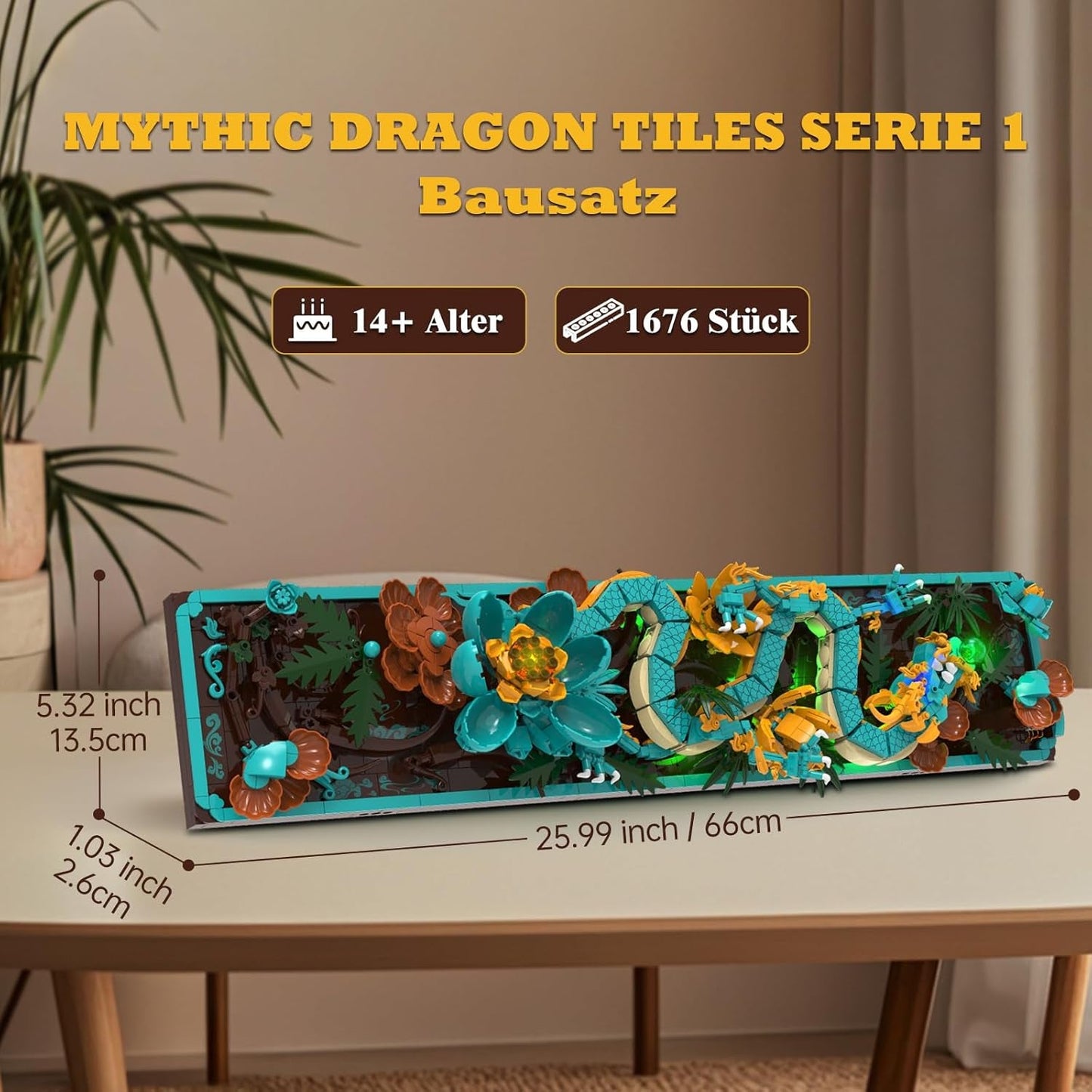 Mythical Dragon Tile Building Kit för vuxna, 3D Divine Loong Art Byggleksak med LED-lampor och blommor, DIY Dragon Relief Model Kit, kreativa presenter och dekorationer (1676 bitar)