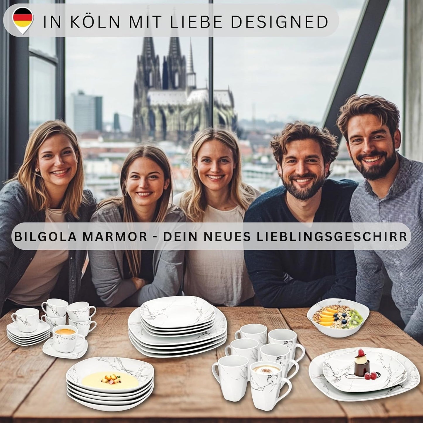 SANGER | Bilgola Marble Combination Servis Set 36-delat Servis Set för 6 med middagstallrikar, desserttallrikar, sumatallrikar, spannmålsskålar, kaffetallrikar och porslinsfat, fyrkantiga | PREMIUM KOLLEKTIONEN