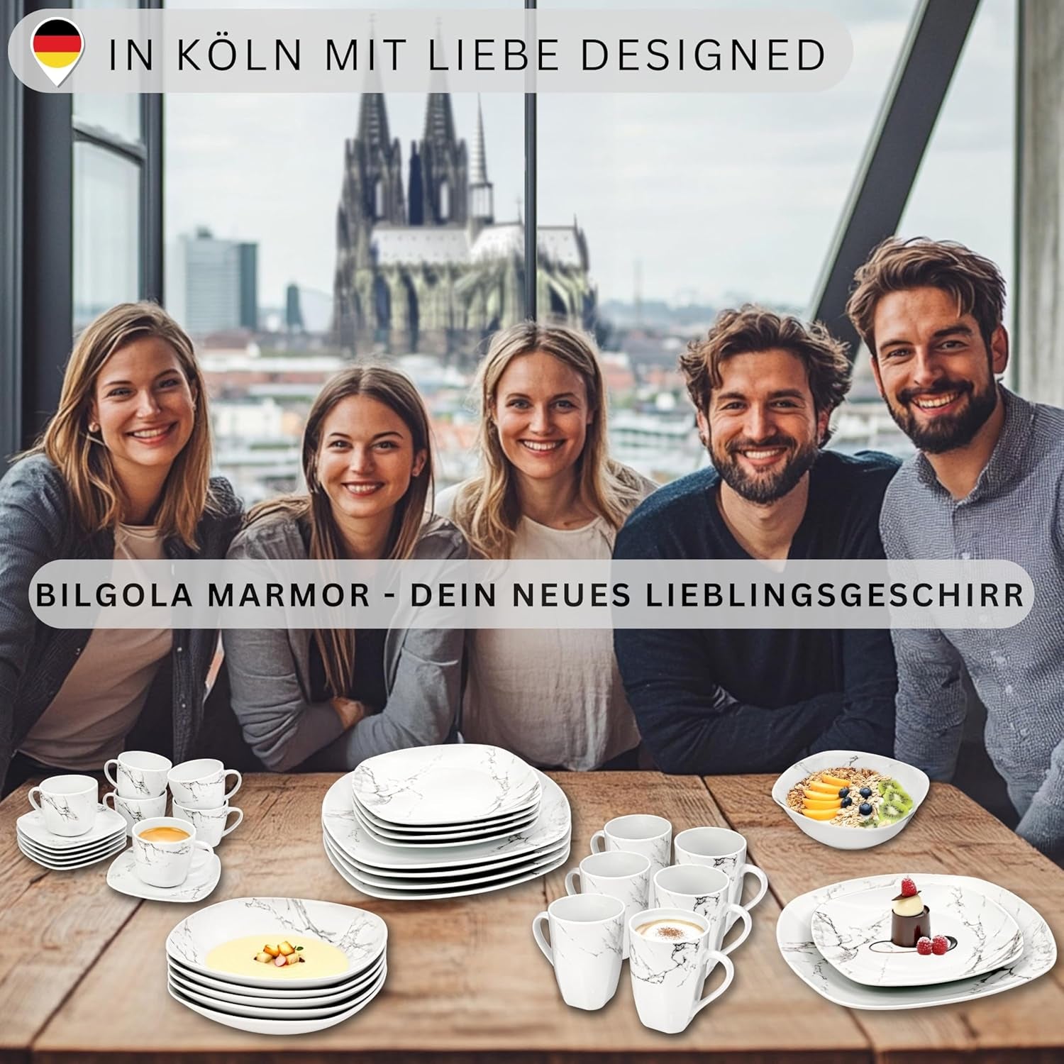 SANGER | Bilgola Marble Combination Servis Set 36-delat Servis Set för 6 med middagstallrikar, desserttallrikar, sumatallrikar, spannmålsskålar, kaffetallrikar och porslinsfat, fyrkantiga | PREMIUM KOLLEKTIONEN