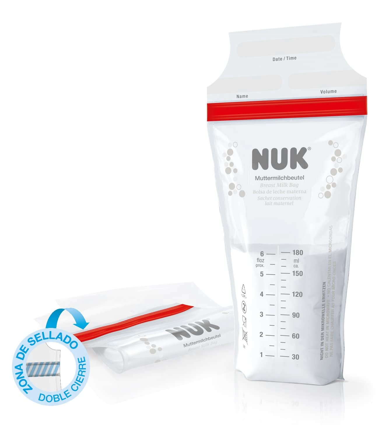 NUK bröstmjölkspåsar, som sparar utrymme och kan användas direkt, 180 ml, 25 st, genomskinliga Tillbehör Mat och Amning Bebe Naty Shop