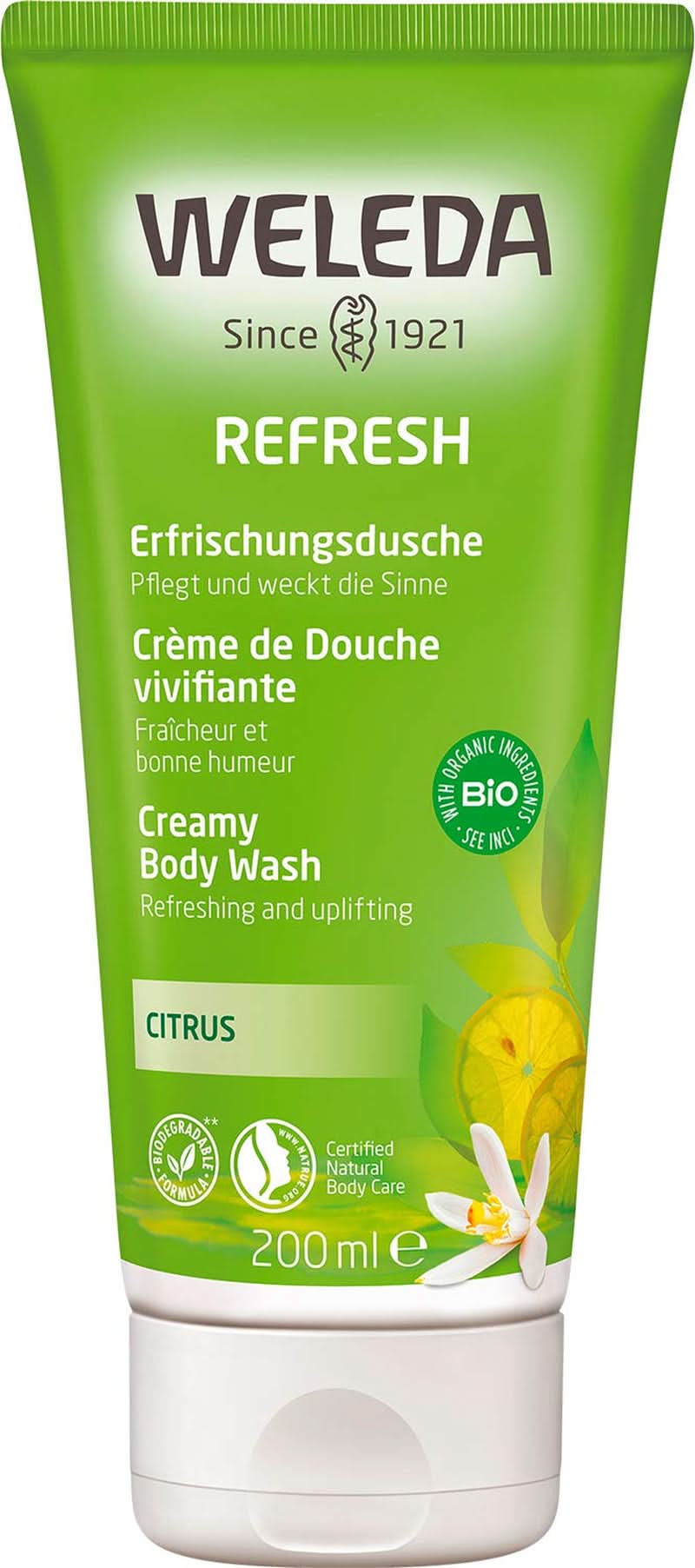 WELEDA Organic Refresh Shower Gel Vegan, unisex duschgel, citron/apelsin smak, 200 ml Naty Shop Standardtitel