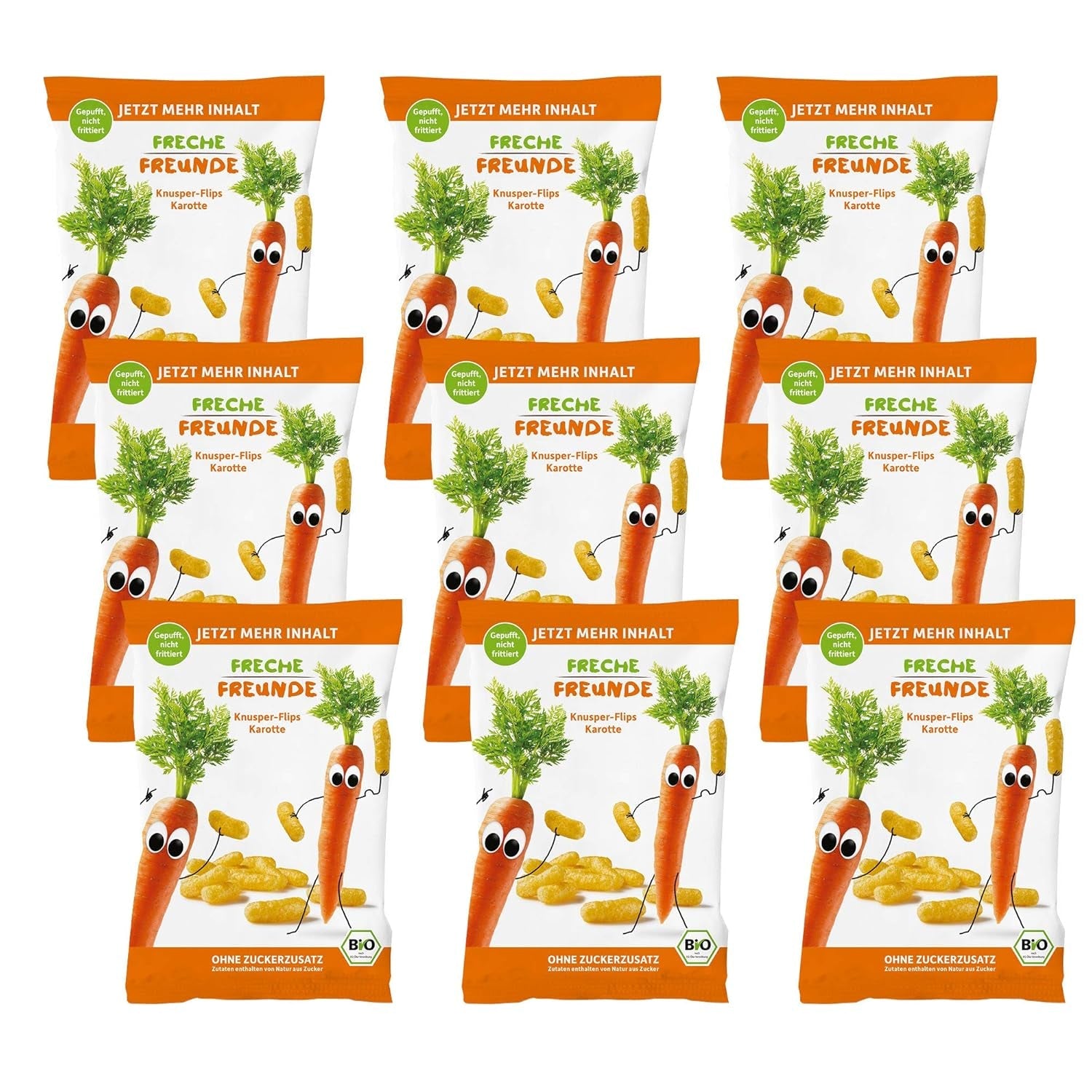 Ekologiska fruktchips "100% jordgubbar" Frystorkade jordgubbsfruktchips (12 x 12 g) och nya ekologiska crunchy majs- och morotsflissar, ekologiskt mellanmål, från 1 år, (9 x 30 g) 270 g