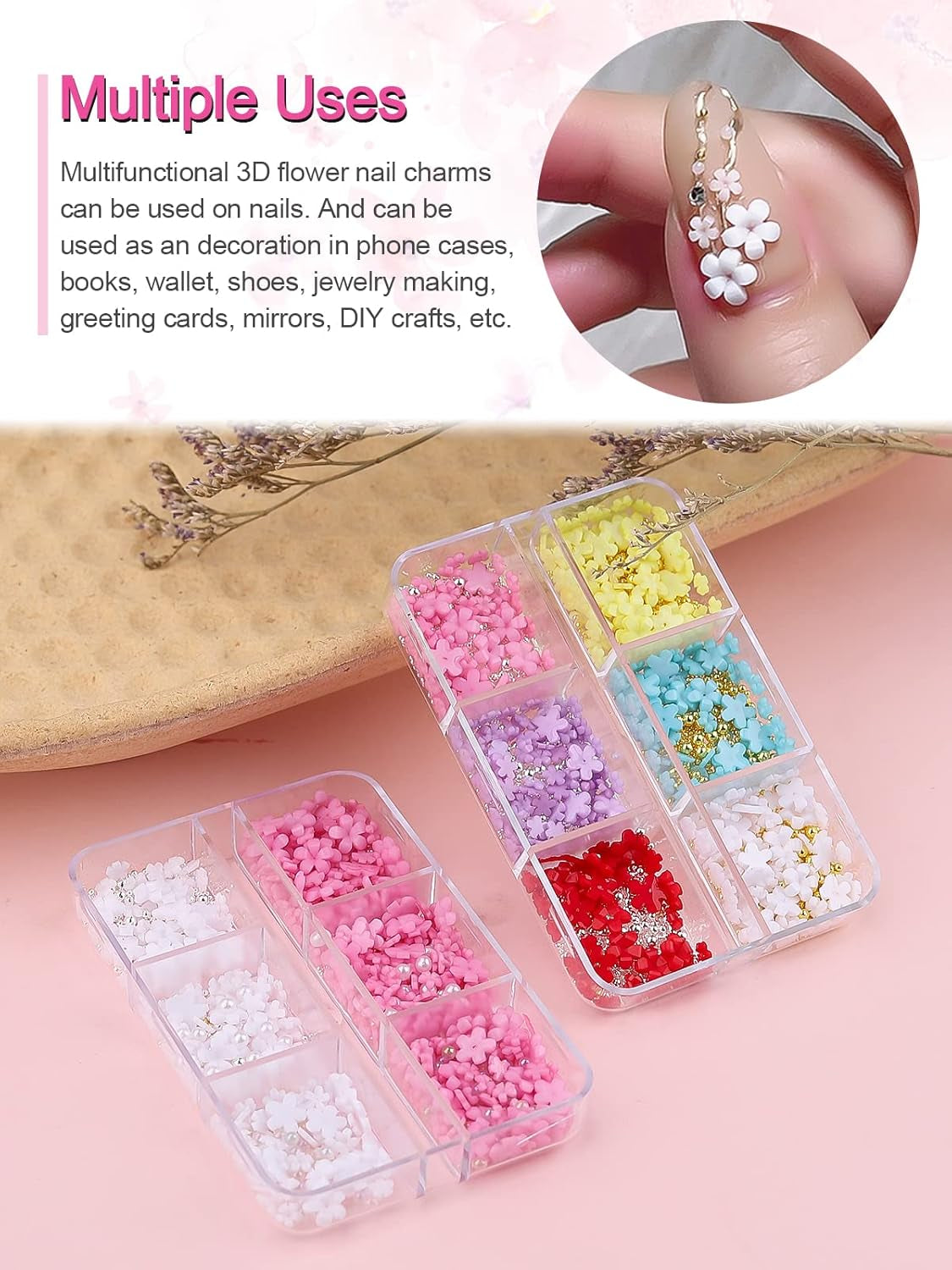 Kalolary Flowers Nail Art Charms, 3D Akryl Blommor för naglar Fem kronblad Blommor Ornament Nagelädelstenar Strasstenar Blandade metallpärlor för DIY Nail Art Design Smyckenstillverkning (2 lådor)