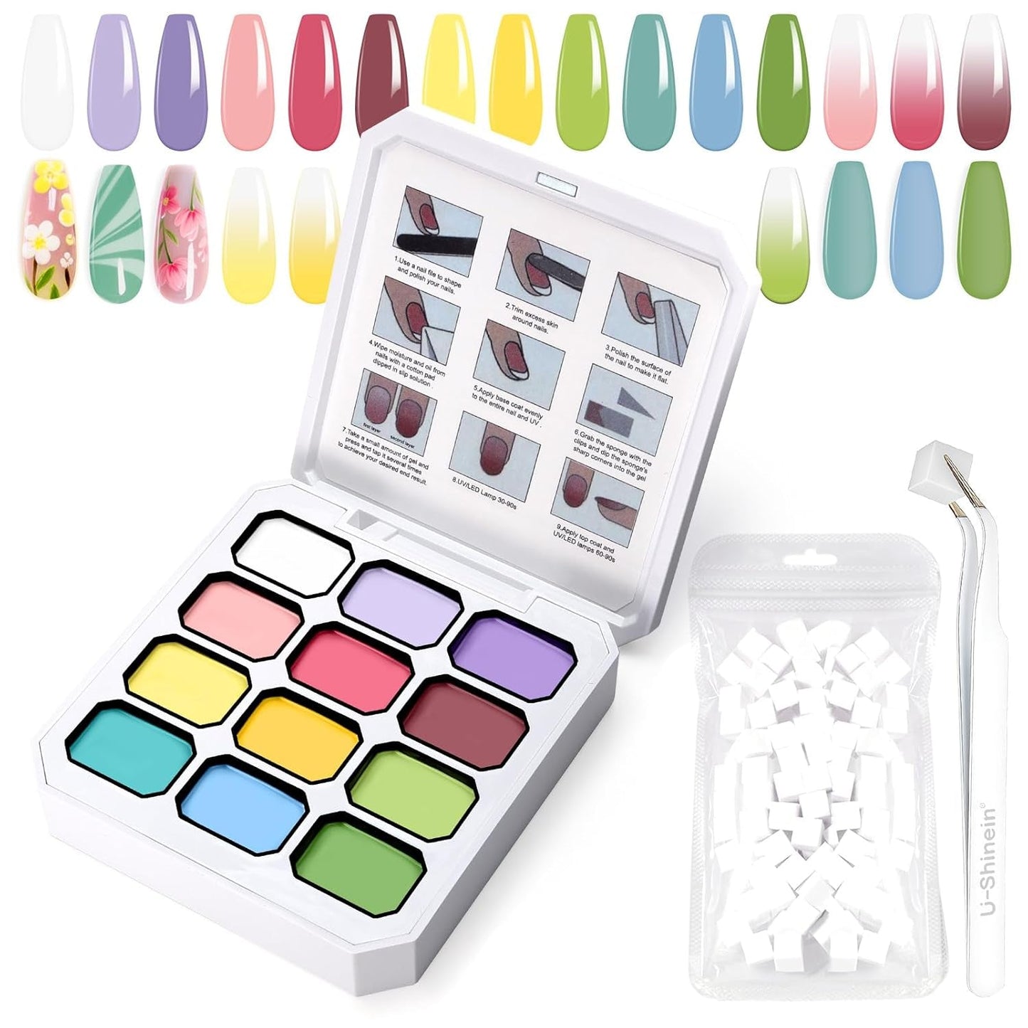 Gradient Painting Gel, 12 färger Ombre Gel Nagellack med 100st Nagelsvampar & 4 Klor Metal Grabber för fransk manikyr DIY Nail Art, Set I