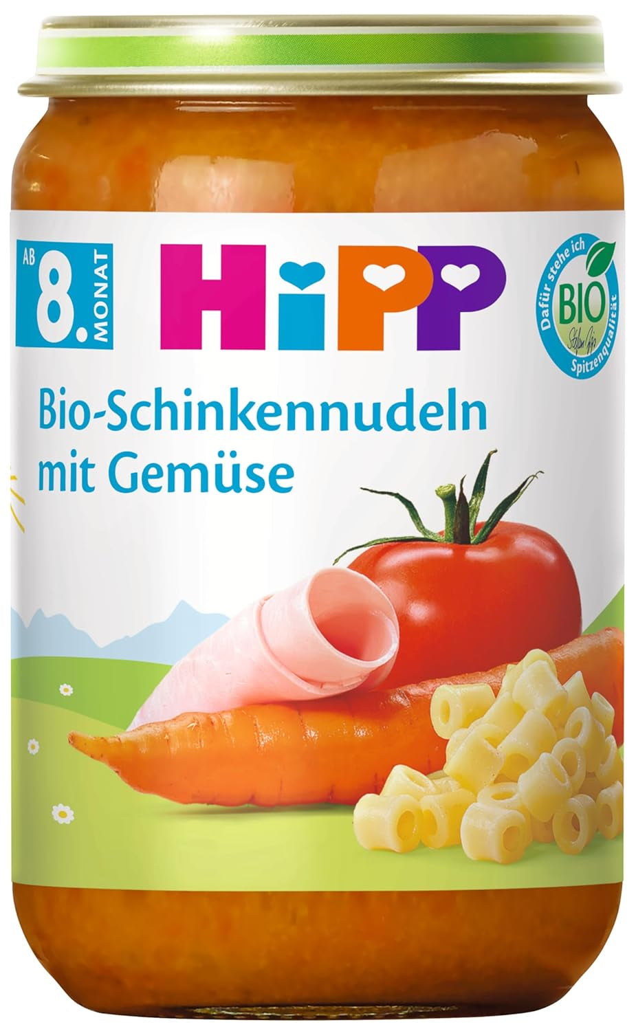HiPP Bio-Schinkennudeln mit Gemüse (6 x 220g), Menü für Baby ab 8. Monat, ohne Salzzusatz, mit Omega-3, in best Bio Qualität