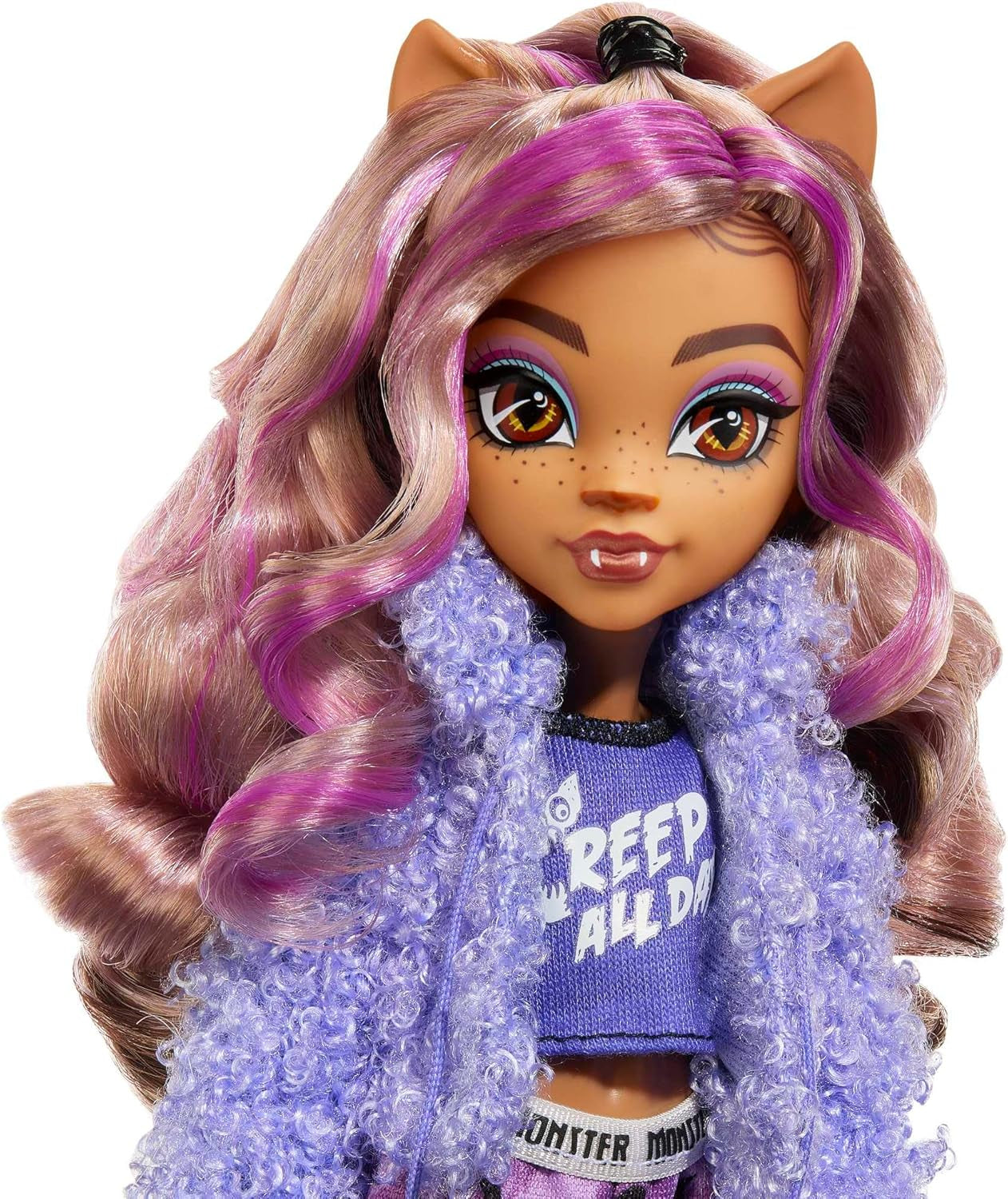 MONSTER HIGH Doll and Sleepover Accessories, Clawdeen Wolf Doll with Pet Cat, Crescent, Creepover Party, HKY67