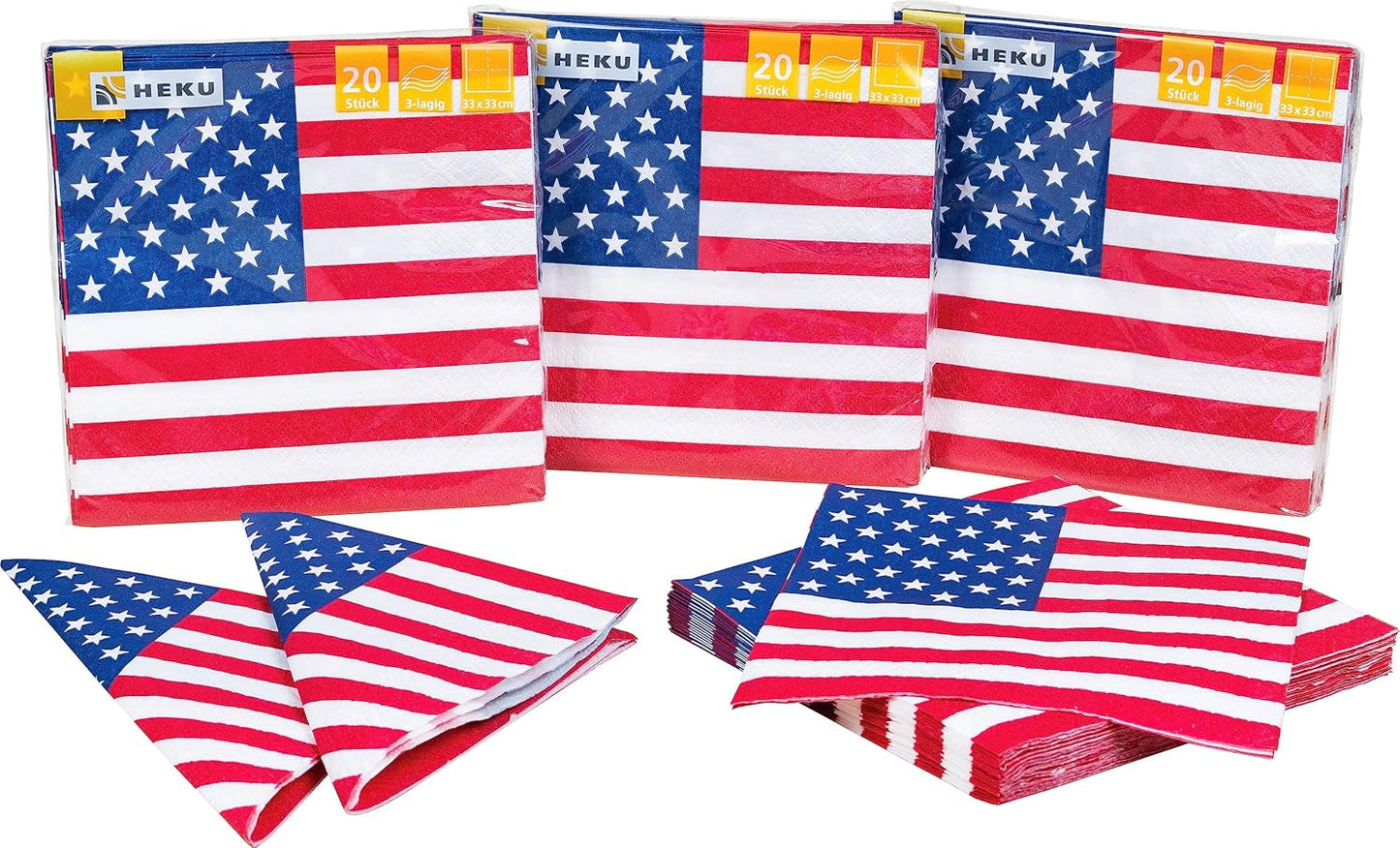 HEKU 191-st. USA Party Set I Papperstallrikar Ø23Cm, Röda koppar, 3-lagers servetter 33X33Cm, Dekorationsväljare, Vimpelkedja 10M I Perfekt för temafester och nationella helgdagar