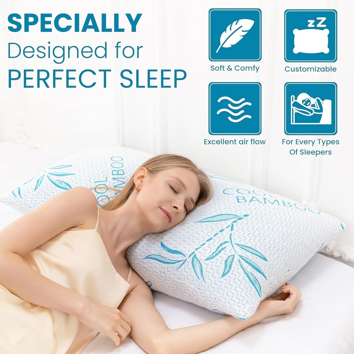 Comfysleep King Size Bamboo Viskos Kudde Kylning Strimlad Memory Foam Justerbar Bamboo Viscose Avtagbart/tvättbart överdrag 2st Naty Shop Standardkuddar
