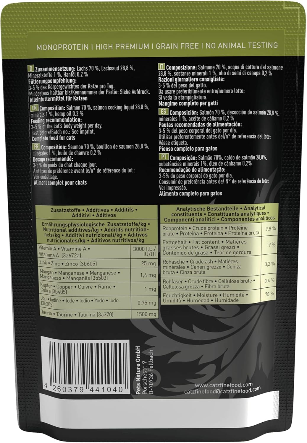 Våt kattmat Catz Finefood Purrrr med monoprotein och lax nr. 105, för katter med känslig matsmältning, 16 x 80 g