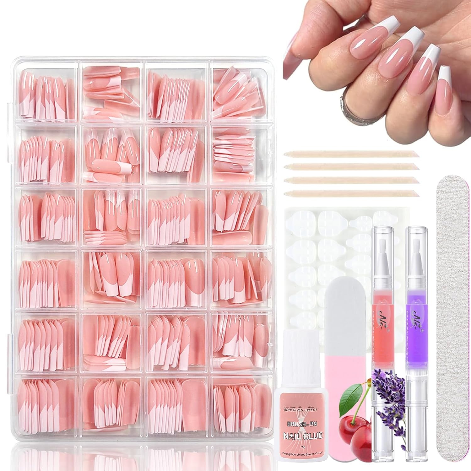 360st Gradient Ballerina False Nails Set, Rosa Vit Gradient Limmade konstgjorda naglar med 2st Nail Oil Pens, Ombre Medium Fake Nails for Women DIY