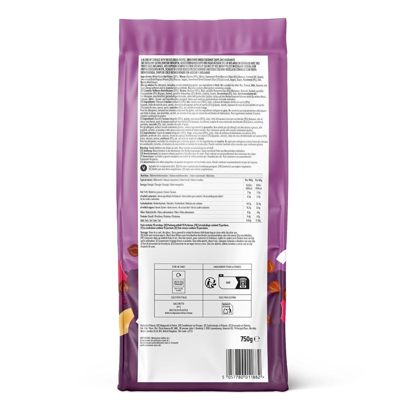 Müsli med frukt och nötter från Amazon, 750g