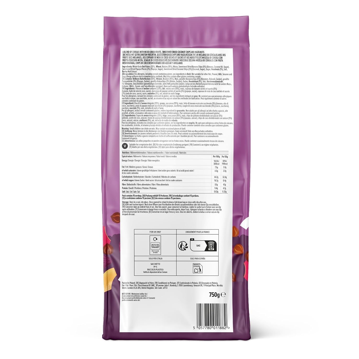 Müsli med frukt och nötter från Amazon, 750g