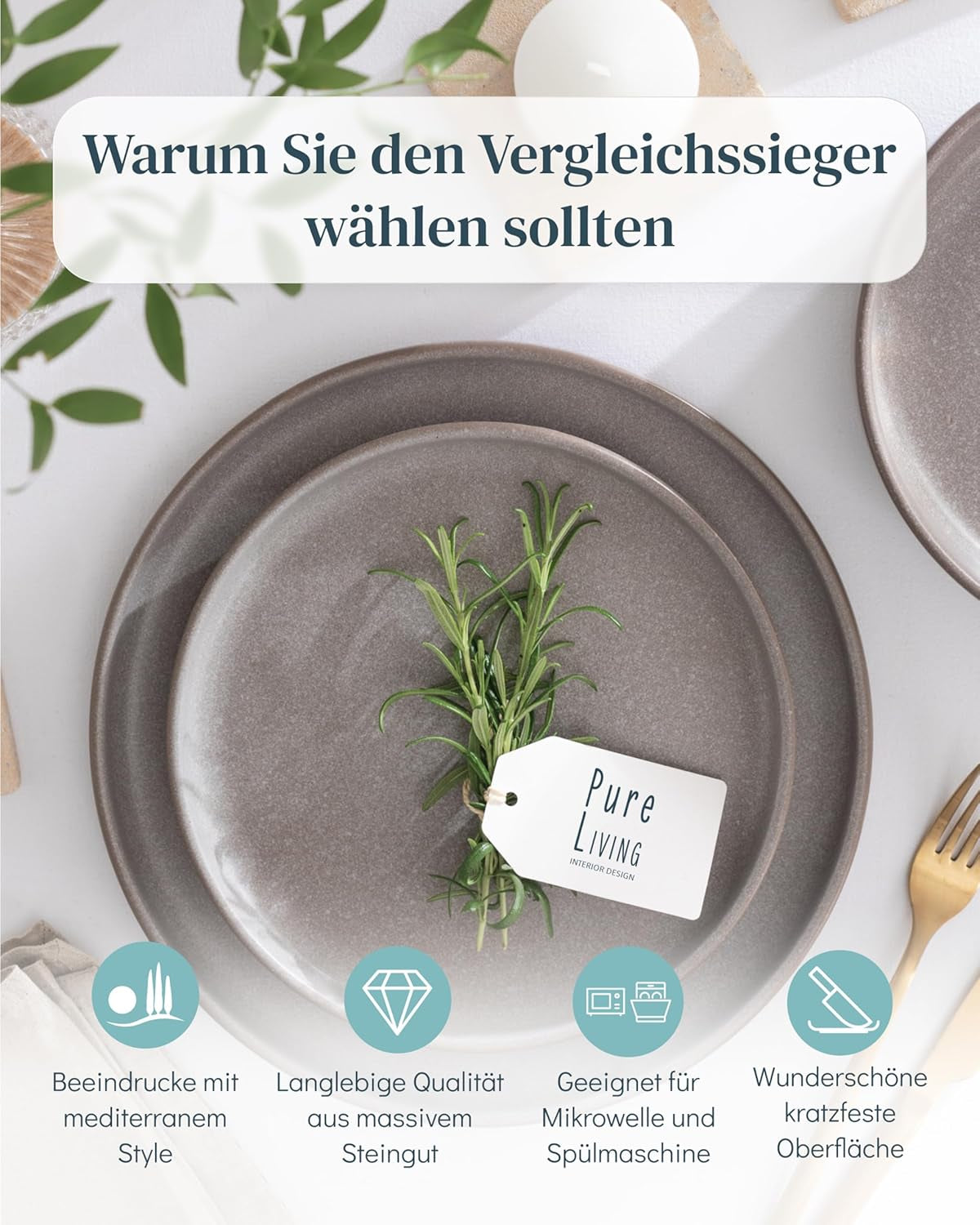 Stengodsservis för 12, 36 delar, urban stil, hög kvalitet, MYCKET BRA TEST, Stengods servisset - skål och tallrik set - middagsservering för 12, Pure Living servisset i matt gråbrun