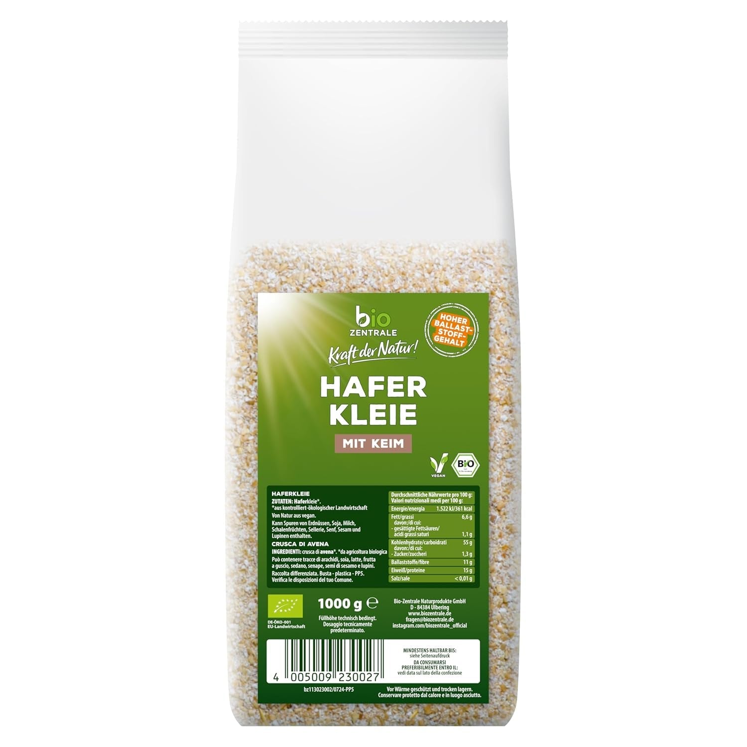Biocentral ekologisk havrekli 1 kg | Fördelaktigt paket | Proteinkälla med hög fiber | Naturligt vegansk | Från EU:s jordbruk | Lågt sockerinnehåll