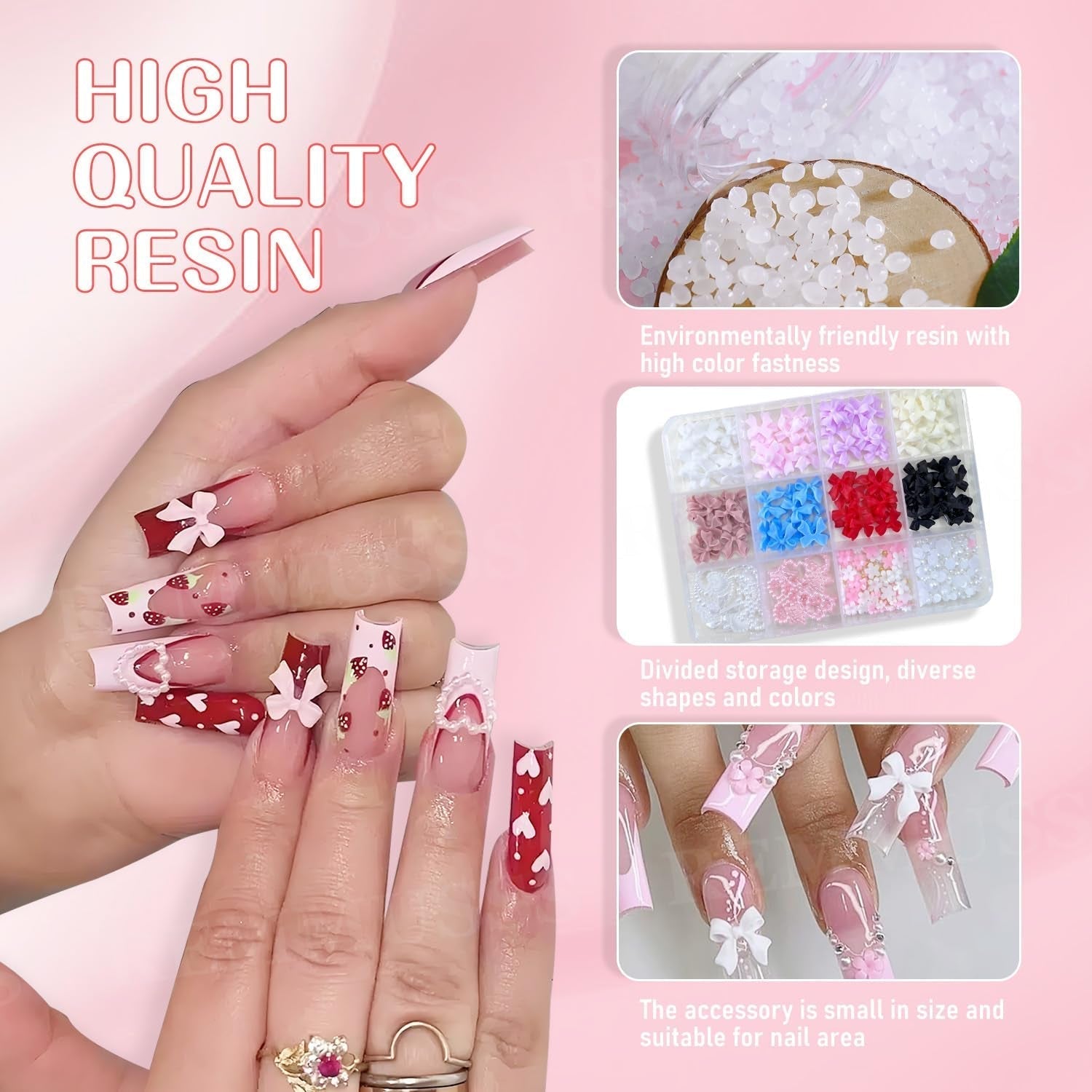 3D Nail Art-dekorationer, 1 kartong Nail Art-berlocker, Blandad stil Blomma hjärta Rosett Nail Art-berlocker, Harts Nail Art-dekorationer, För Nail Art-dekorationer, Tillbehör till DIY-hantverk