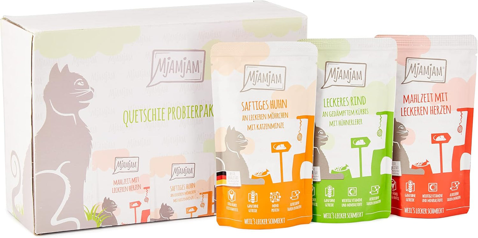 MjAMjAM - Premium Wet Cat Food - Mixed Pack I - Kyckling, nötkött, Hearts 12-pack (12 x 125 g), spannmålsfri med extra kött
