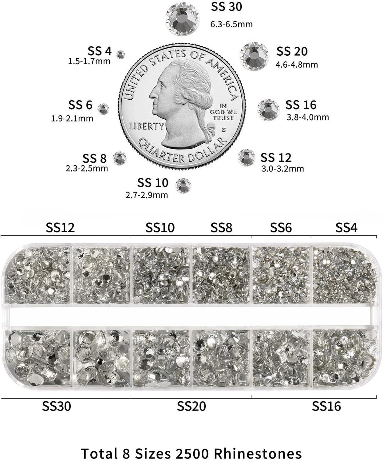 Beadsland 2500st Glas Nailart Strasssteine ​​​​Kristall Flatback Edelsteine ​​​​Runde, ​​Für Handwerk Gemischt 8 Größen SS4 ~ SS30 Mit Picking Pinzette Und Stift (Kristall Weiss)