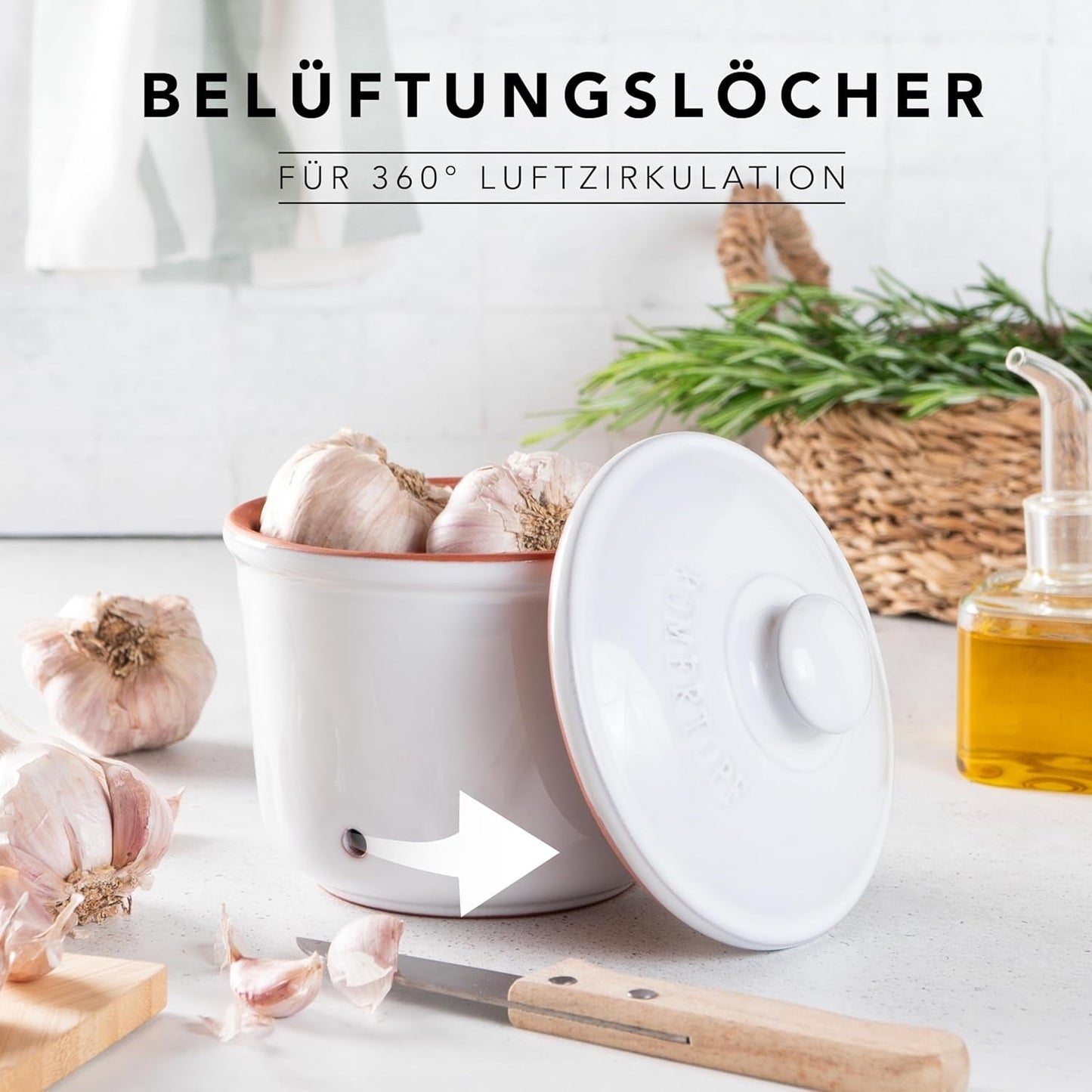 Römertopf Fresh Pot MINI 0,6 liter - Keramisk vitlökskruka - Andningsbar lera håller grönsaker fräscha längre - Idealisk luftcirkulation - Vita matförvaringslådor Naty Shop