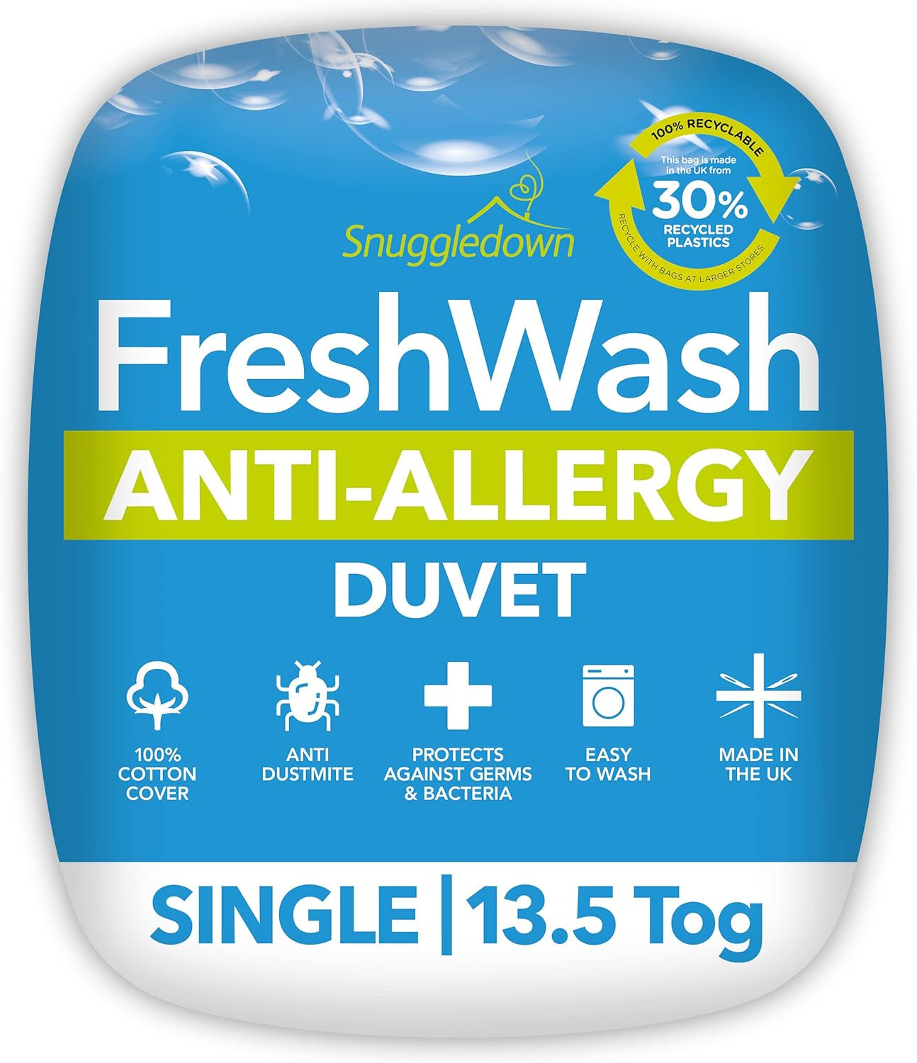 Snuggledown Freshwash Allergy Täcken, 13,5 Tog Vintervarm, Bomull, Vit, Enkelsäng Naty Shop Täcken Twin 13,5 Tog