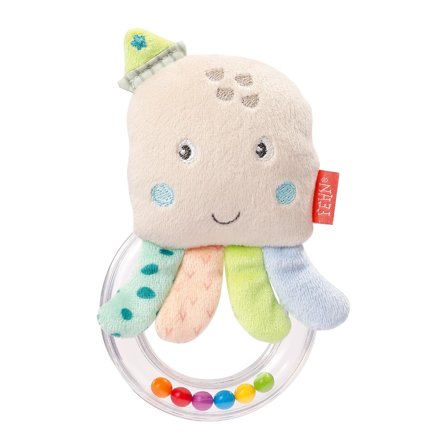 Fehn Octopus Toy Ring Bell - Skallra, gnissla, känna motorfärdighetsleksak - Mjukt tyg Babyplyschleksak - Baby- och småbarnsleksak 0+ månader Babyleksaker Naty Shop Octopus
