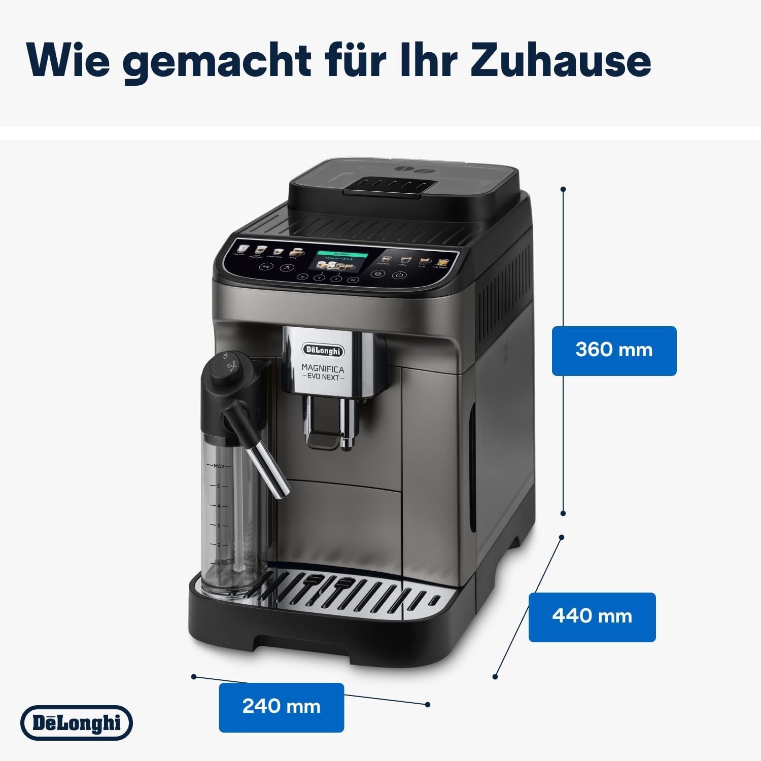 De'Longhi Magnifica Evo Next - Perfetto helautomatisk espressor med LatteCrema mjölkskummare, 13 One-Touch-drycker, kaffe- och cappuccinobryggare, färgpekskärm, titan (ECAM312.80.TB)