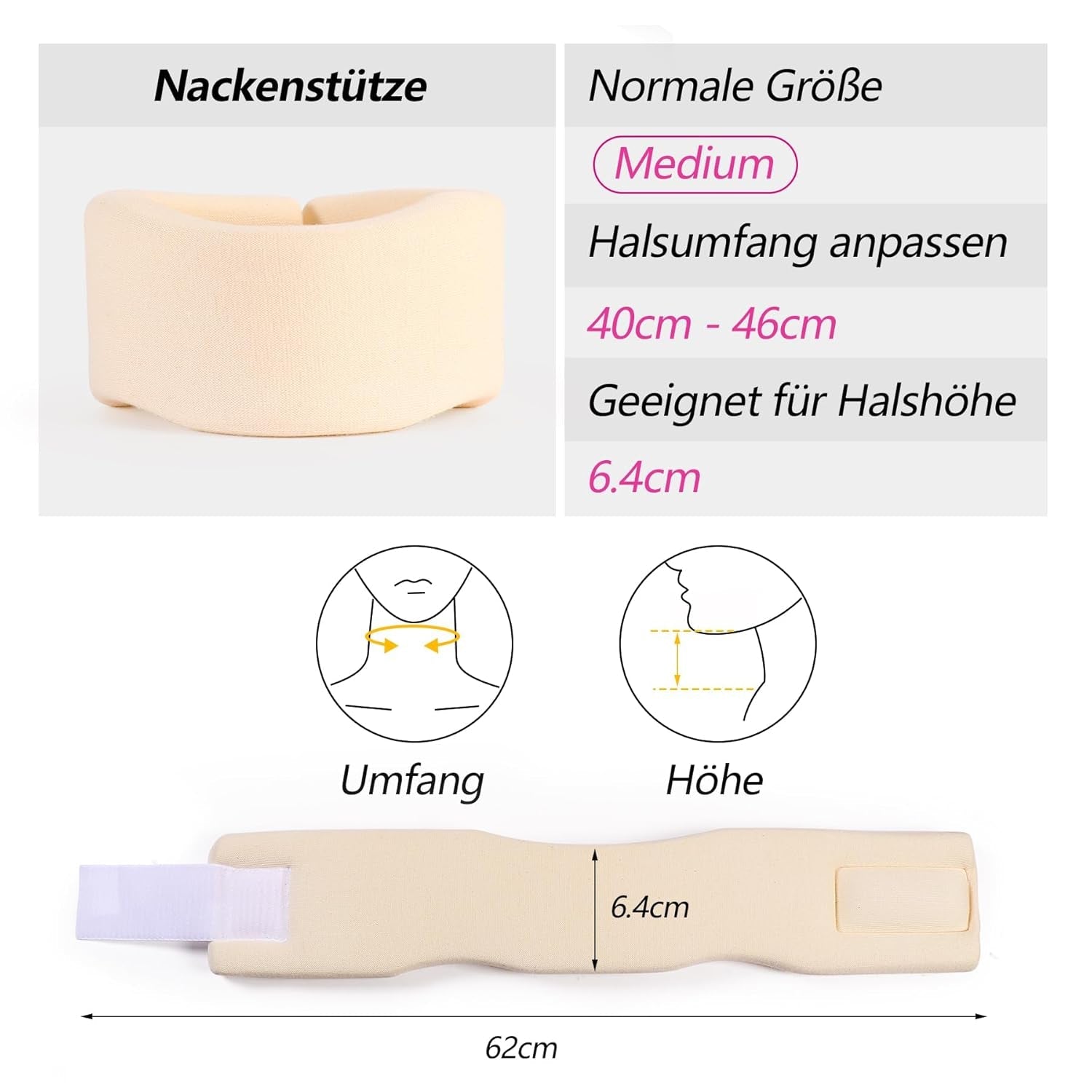 RESTCLOUD Nackstöd Tillverkat av mjukt skum, universalkrage, justerbart nackstöd för sömn - Lindra nacksmärta (vit, 6,4 cm djup krage, M) Cervikala ortopediska kuddar Naty Shop