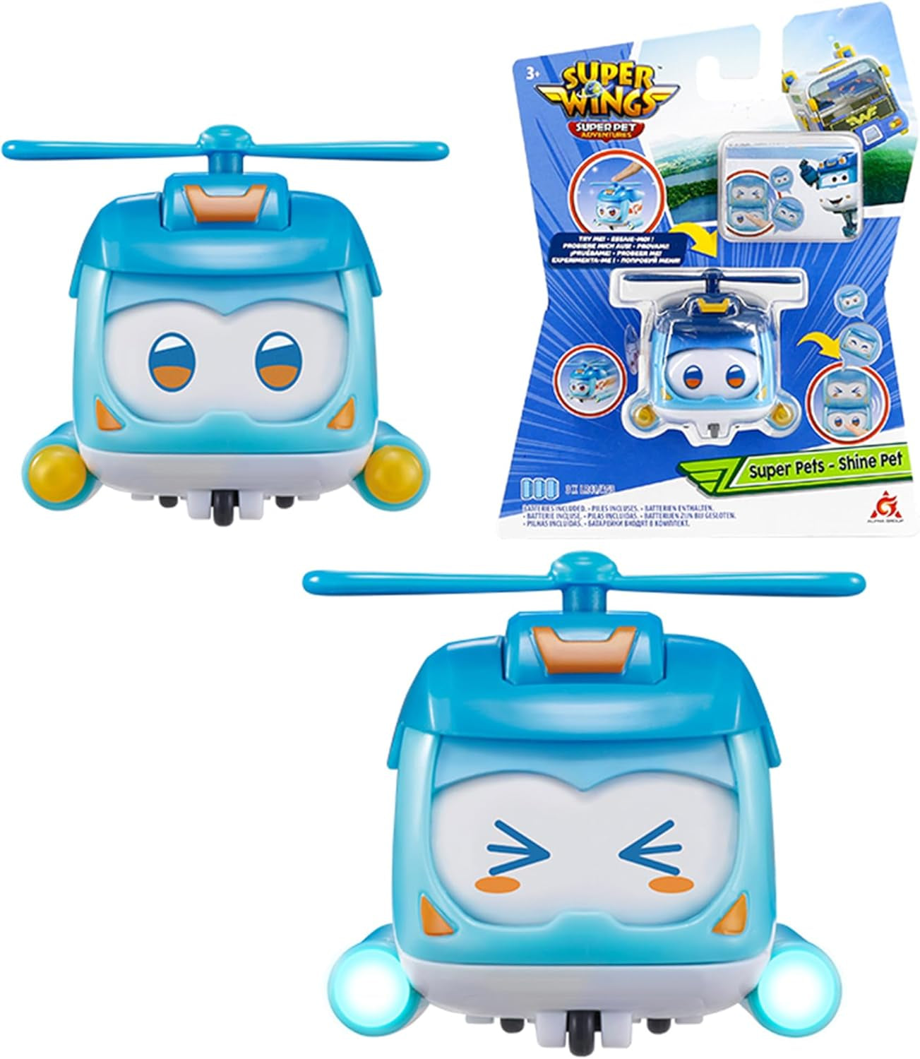Super Wings Super Pets 4 ST Shine, Golden Boy, Jerome, Ellie Switchable Ansiktsuttryck Blixteffekt Bärbar leksak för 3 4 5 6 7 8 Years Old Boy Girl 2 Inch Actionfigurer Naty Shop Shine